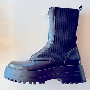 Zara Bleck Leather and  Knit Lug Sole Bootie with Zipper. Size 40